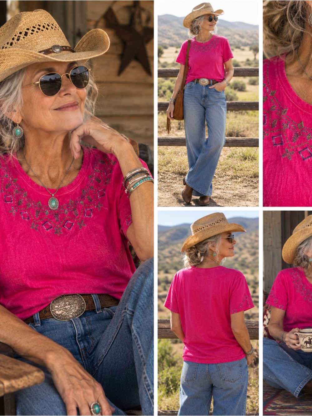 Vintage Embroidered Short-Sleeve Top in Hot Pink Western Grandmacore 90s
